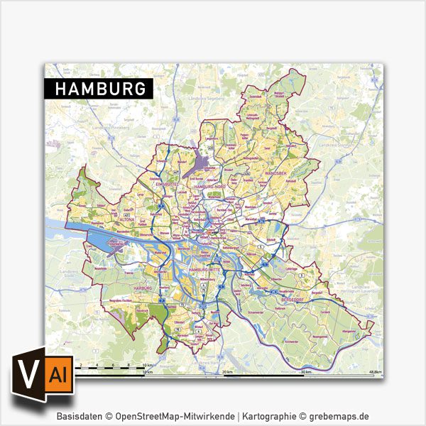 Hamburg Stadtplan Vektor Stadtbezirke Stadtteile Topographie, Karte Hamburg, Stadtkarte Hamburg