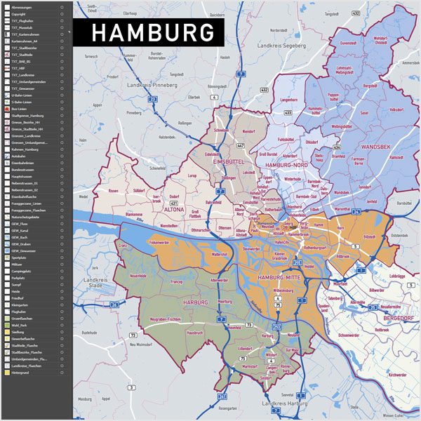 Hamburg Stadtplan Vektor Stadtbezirke Stadtteile Topographie, Karte Hamburg, Stadtkarte Hamburg