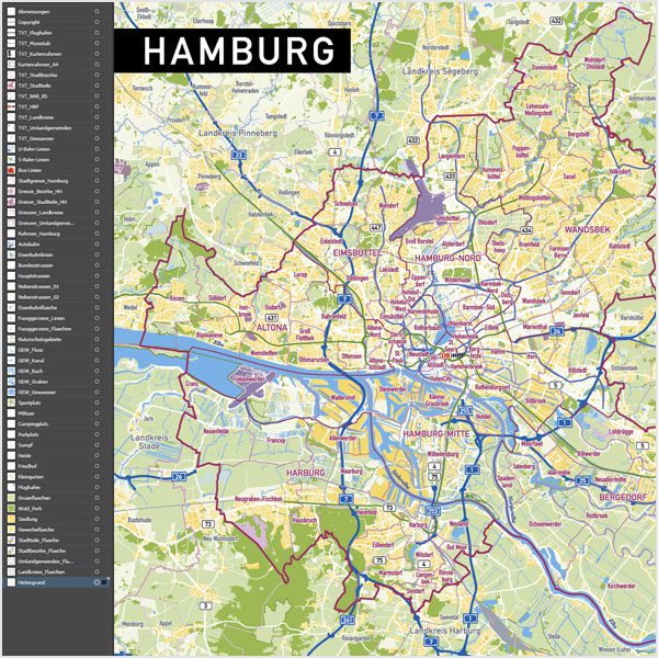 Hamburg Stadtplan Vektor Stadtbezirke Stadtteile Topographie, Karte Hamburg, Stadtkarte Hamburg