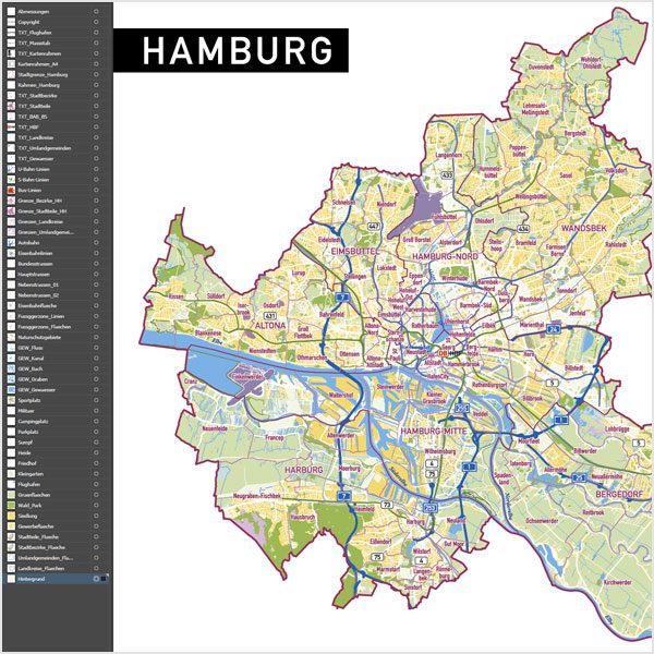 Hamburg Stadtplan Vektor Stadtbezirke Stadtteile Topographie, Karte Hamburg, Stadtkarte Hamburg