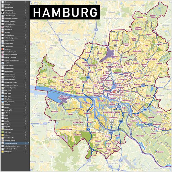 Hamburg Stadtplan Vektor Stadtbezirke Stadtteile Topographie, Karte Hamburg, Stadtkarte Hamburg