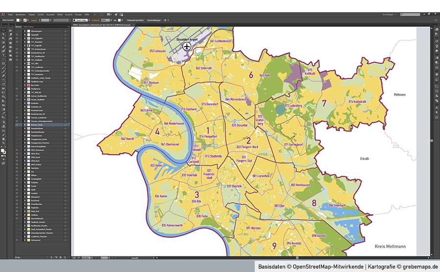 Düsseldorf Stadtplan Vektor Stadtbezirke Stadtteile Topographie, Karte Düsseldorf Vektor Vektorkarte Düsseldorf AI, Stadtplan Düsseldorf Vektordaten, Karte Düsseldorf Stadtteile, Karte Düsseldorf Stadtbezirke