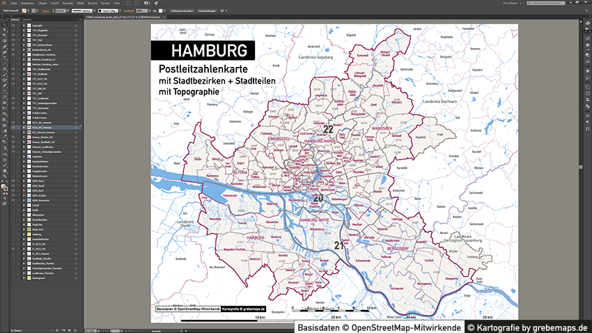 Hamburg Stadtplan Postleitzahlen PLZ-5 Topographie Stadtbezirke Stadtteile Vektorkarte, Karte Hamburg Postleitzahlen PLZ-5, PLZ-Karte Hamburg, Hamburg Karte PLZ, Postleitzahlen 5-stellig Hamburg