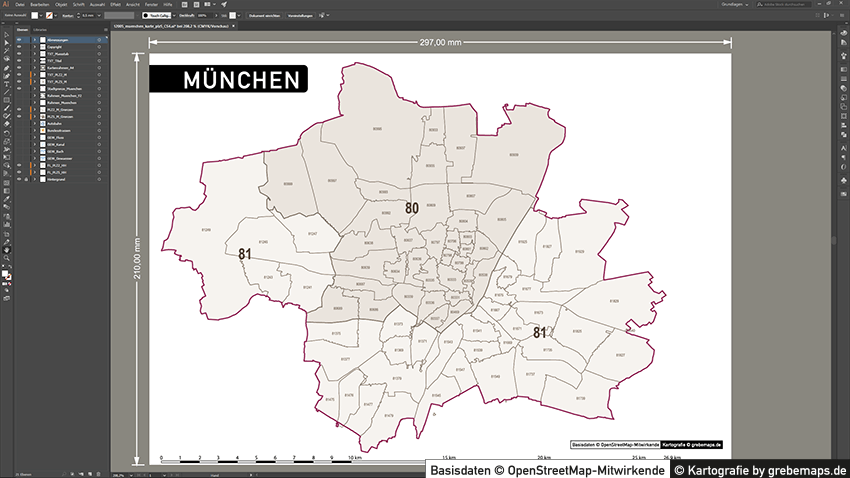 Karte München Postleitzahlenkarte Vektor PLZ-5, Vektorkarte München PLZ, Karte München PLZ, Postleitzahlenkarte München, Karte PLZ München 5-stellig