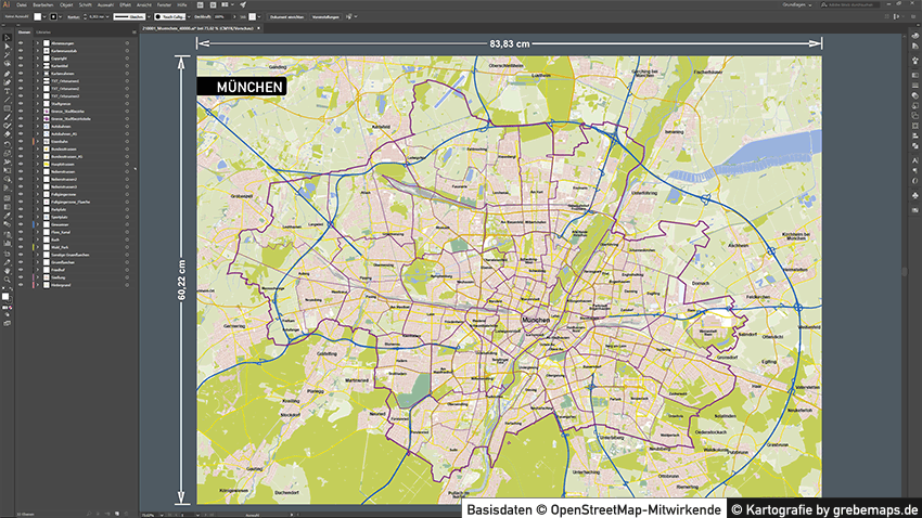München Vektorkarte mit Gebäuden, Karte München, Stadtplan München, Basiskarte München mit Topographie, Karte Vektor München