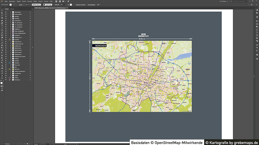 qMünchen Vektorkarte mit Gebäuden, Karte München, Stadtplan München, Basiskarte München mit Topographie, Karte Vektor München