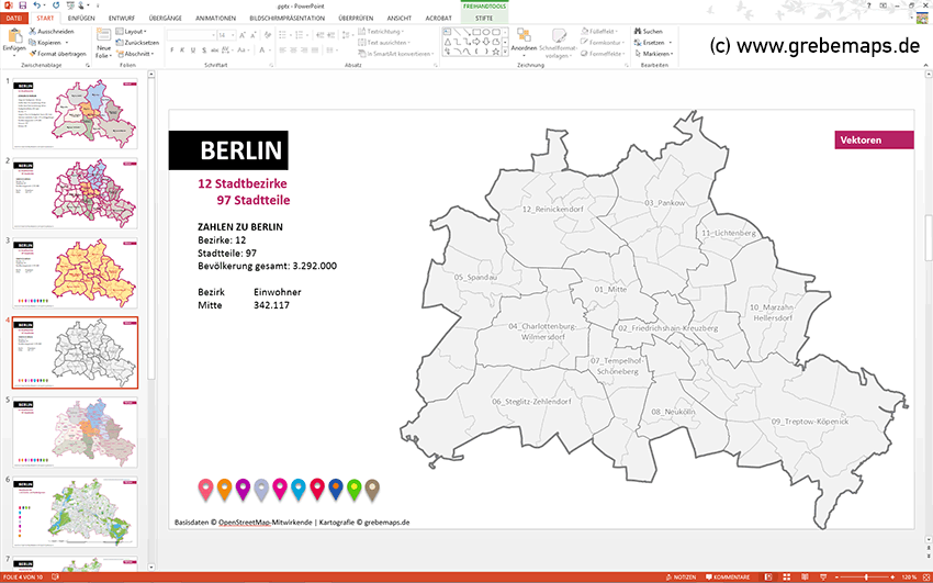 PowerPoint-Karte Berlin mit Bezirken und Stadtteilen, Karte PowerPoint Berlin Stadtbezirke, Karte PowerPoint Berlin Stadtteile, Vektorkarte Berlin Stadtteile PowerPoint