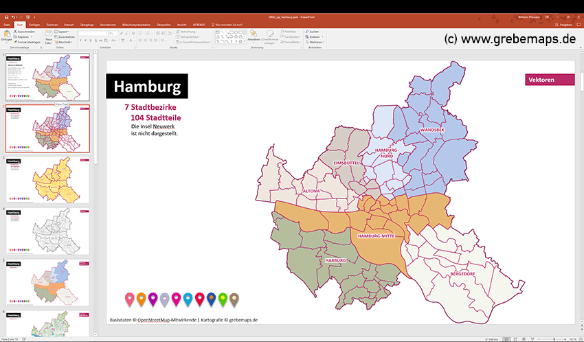 Hamburg PowerPoint-Karte mit Bezirken und Stadtteilen mit Bitmap-Karten, Karte Hamburg Stadtbezirke PowerPoint, Karte Hamburg Stadtteile PowerPoint