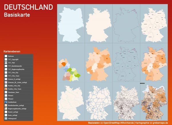 Basiskarte Deutschland mit Autobahnen, Bundesländern, Regierungsbezirken, Orten, Gewässer
