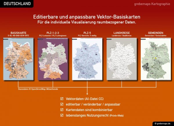 Deutschland Postleitzahlenkarte Landkreise Gemeinden Vektorkarte – BUNDLE mit 5 Karten (2018), Vektordaten, editierbar, kombinierbar, ebenen-separiert, AI-Datei, download