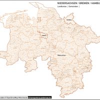 Niedersachsen / Bremen / Hamburg Landkreise Gemeinden PLZ-5 Vektorkarte, Karte Niedersachsen PLZ, Karte Niedersachen Gemeinden, Karte Niedersachen Landkreise, Landkreiskarte, Gemeindekarte, PLZ-Karte Niedersachsen