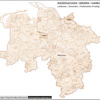 Niedersachsen / Bremen / Hamburg Landkreise Gemeinden PLZ-5 Vektorkarte, Karte Niedersachsen PLZ, Karte Niedersachen Gemeinden, Karte Niedersachen Landkreise, Landkreiskarte, Gemeindekarte, PLZ-Karte Niedersachsen