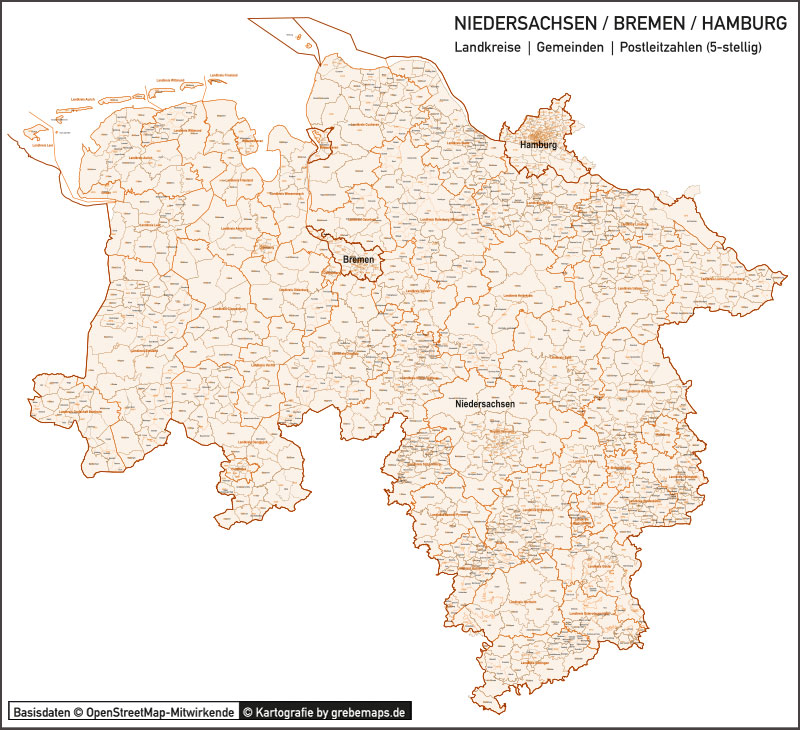 Niedersachsen / Bremen / Hamburg Landkreise Gemeinden PLZ-5 Vektorkarte, Karte Niedersachsen PLZ, Karte Niedersachen Gemeinden, Karte Niedersachen Landkreise, Landkreiskarte, Gemeindekarte, PLZ-Karte Niedersachsen