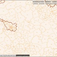 Niedersachsen / Bremen / Hamburg Landkreise Gemeinden PLZ-5 Vektorkarte, Karte Niedersachsen PLZ, Karte Niedersachen Gemeinden, Karte Niedersachen Landkreise, Landkreiskarte, Gemeindekarte, PLZ-Karte Niedersachsen