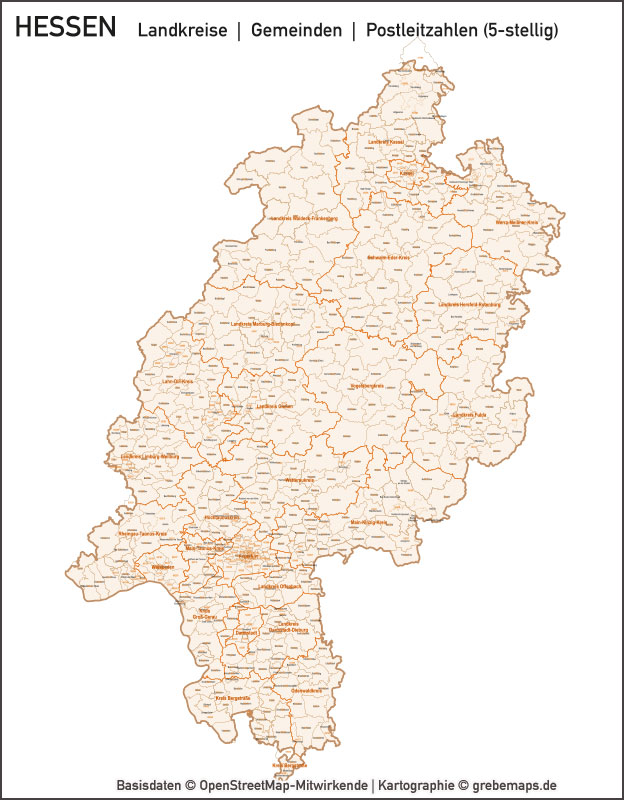 Hessen Vektorkarte Landkreise Gemeinden PLZ-5, Karte Hessen Landkreise, Karte Hessen Gemeinden, Karte Hessen Postleitzahlen 5-stellig, Vektorkarte Hessen