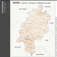 Hessen Vektorkarte Landkreise Gemeinden PLZ-5, Karte Hessen Landkreise, Karte Hessen Gemeinden, Karte Hessen Postleitzahlen 5-stellig, Vektorkarte Hessen