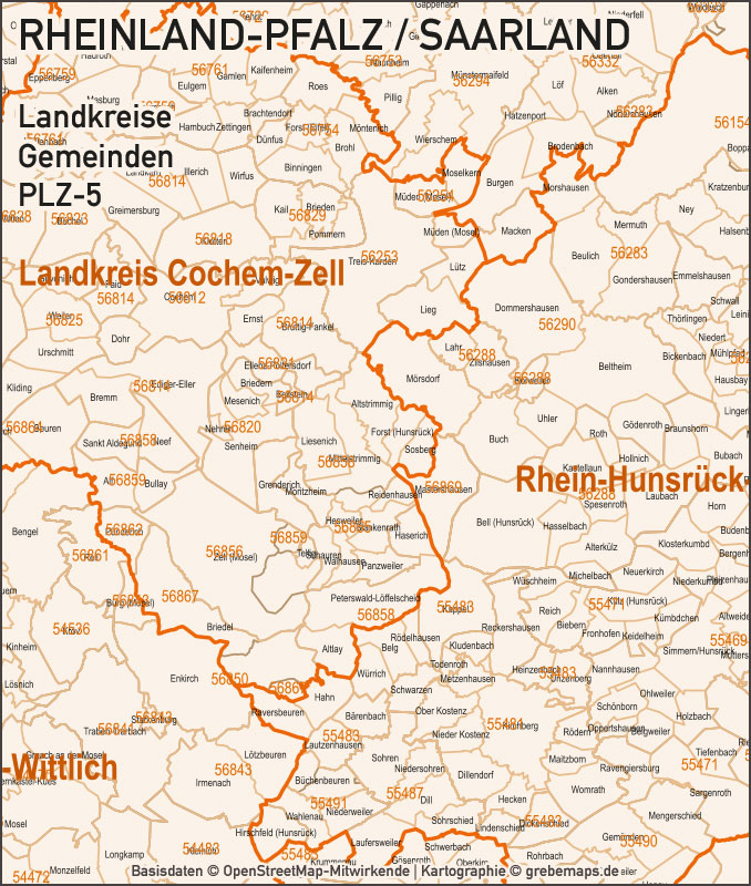 Rheinland-Pfalz / Saarland Vektorkarte Landkreise Gemeinden PLZ-5, Karte Rheinland-Pfalz Landkreise, Karte Rheinland-Pfalz Gemeinden, Karte Saarland Landkreise, Karte Saarland Gemeinden