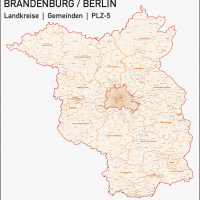 Brandenburg – Berlin Landkreise Gemeinden PLZ-5 Vektorkarte, Karte PLZ Brandenburg, Karte Brandenburg Gemeinden, Karte Brandenburg Landkreise, Postleitzahlenkarte Brandenburg Berlin