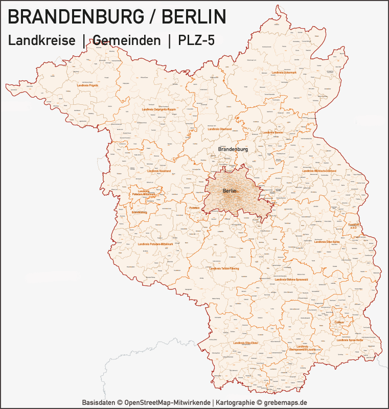 Brandenburg – Berlin Landkreise Gemeinden PLZ-5 Vektorkarte, Karte PLZ Brandenburg, Karte Brandenburg Gemeinden, Karte Brandenburg Landkreise, Postleitzahlenkarte Brandenburg Berlin