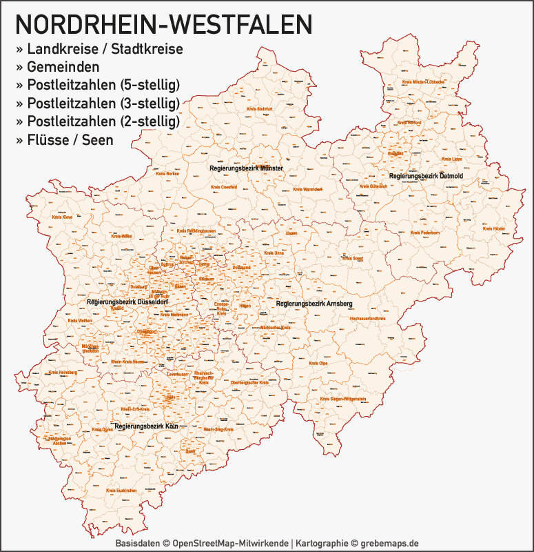 Nordrhein-Westfalen NRW Vektorkarte Landkreise Gemeinden PLZ-2-3-5, Karte NRW Gemeinden, Karte NRW Postleitzahlen, Karte NRW Landkreise, Karte Nordrhein-Westfalen Gemeinden