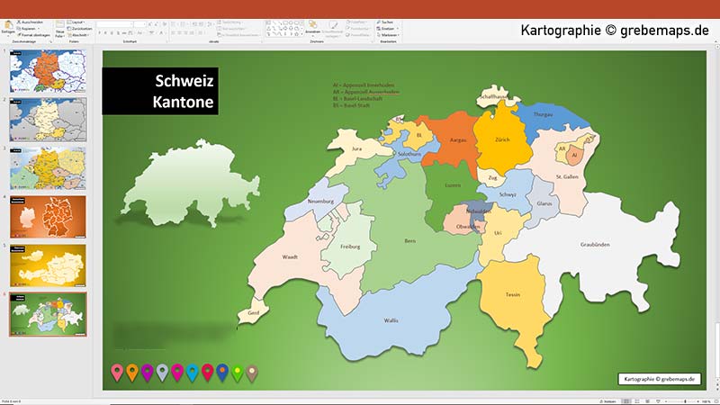D-A-CH PowerPoint-Karte Deutschland Austria Schweiz mit Bundesländern / Kantonen, Karte PowerPoint Deutschland Schweiz Österreich DACH D-A-CH, PowerPoint-Karte D-A-CH
