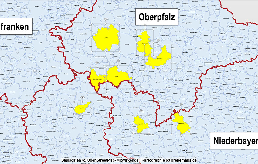 PowerPoint-Karte Bayern Regierungsbezirke Landkreise Gemeinden Postleitzahlen PLZ-5, Karte PLZ Bayern PowerPoint, Karte Landkreise Bayern PowerPoint, Karte Gemeinden Bayern PowerPoint