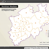 Nordrhein-Westfalen Postleitzahlenkarte 5-stellig PLZ-5 Vektorkarte PLZ-2 Landkreise, Autobahnen, Regierungsbezirke, Gewässer, Vektorkarte NRW, Karte NRW PLZ, Karte PLZ NRW, Karte Landkreise NRW