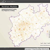 Nordrhein-Westfalen Postleitzahlenkarte 5-stellig PLZ-5 Vektorkarte PLZ-2 Landkreise, Autobahnen, Regierungsbezirke, Gewässer, Vektorkarte NRW, Karte NRW PLZ, Karte PLZ NRW, Karte Landkreise NRW