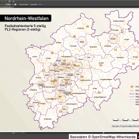 Nordrhein-Westfalen Postleitzahlenkarte 5-stellig PLZ-5 Vektorkarte PLZ-2 Landkreise, Autobahnen, Regierungsbezirke, Gewässer, Vektorkarte NRW, Karte NRW PLZ, Karte PLZ NRW, Karte Landkreise NRW