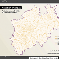 Nordrhein-Westfalen Postleitzahlenkarte 5-stellig PLZ-5 Vektorkarte PLZ-2 Landkreise, Autobahnen, Regierungsbezirke, Gewässer, Vektorkarte NRW, Karte NRW PLZ, Karte PLZ NRW, Karte Landkreise NRW