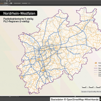Nordrhein-Westfalen Postleitzahlenkarte 5-stellig PLZ-5 Vektorkarte PLZ-2 Landkreise, Autobahnen, Regierungsbezirke, Gewässer, Vektorkarte NRW, Karte NRW PLZ, Karte PLZ NRW, Karte Landkreise NRW