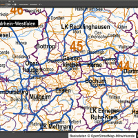 Nordrhein-Westfalen Postleitzahlenkarte 5-stellig PLZ-5 Vektorkarte PLZ-2 Landkreise, Autobahnen, Regierungsbezirke, Gewässer, Vektorkarte NRW, Karte NRW PLZ, Karte PLZ NRW, Karte Landkreise NRW