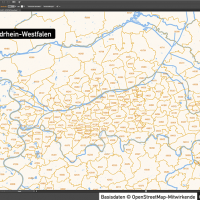 Nordrhein-Westfalen Postleitzahlenkarte 5-stellig PLZ-5 Vektorkarte PLZ-2 Landkreise, Autobahnen, Regierungsbezirke, Gewässer, Vektorkarte NRW, Karte NRW PLZ, Karte PLZ NRW, Karte Landkreise NRWq