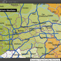 Nordrhein-Westfalen Postleitzahlenkarte 5-stellig PLZ-5 Vektorkarte PLZ-2 Landkreise, Autobahnen, Regierungsbezirke, Gewässer, Vektorkarte NRW, Karte NRW PLZ, Karte PLZ NRW, Karte Landkreise NRW