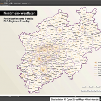 Nordrhein-Westfalen Postleitzahlenkarte 5-stellig PLZ-5 Vektorkarte PLZ-2 Landkreise, Autobahnen, Regierungsbezirke, Gewässer, Vektorkarte NRW, Karte NRW PLZ, Karte PLZ NRW, Karte Landkreise NRW