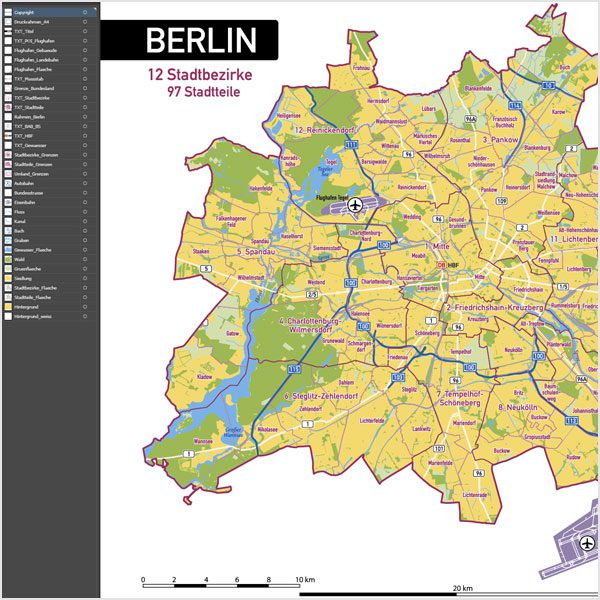 Berlin Stadtplan Vektor Stadtbezirke Stadtteile Topographie, Karte Berlin, Stadtplan Berlin, Stadtkarte Berlin, Karte Berlin Stadtteile, Karte Berlin Stadtbezirke