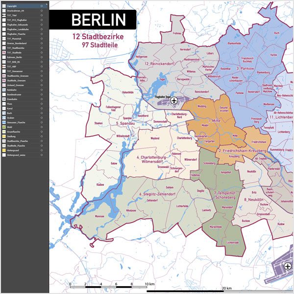 Berlin Stadtplan Vektor Stadtbezirke Stadtteile Topographie, Karte Berlin, Stadtplan Berlin, Stadtkarte Berlin, Karte Berlin Stadtteile, Karte Berlin Stadtbezirke