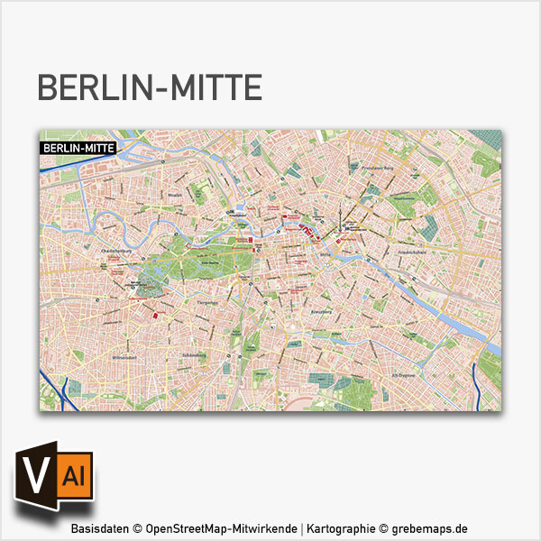 Berlin-Mitte Vektorkarte mit Gebäuden, Vektorkarte Berlin-Mitte, Karte Vektor Berlin-Mitte, Karte Berlin Innenstadt, Karte Berlin Zentrum