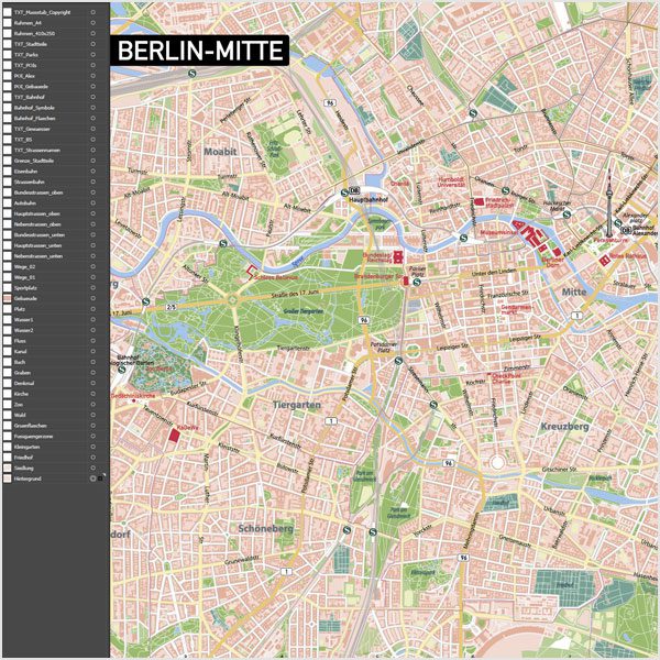 Berlin-Mitte Vektorkarte mit Gebäuden, Vektorkarte Berlin-Mitte, Karte Vektor Berlin-Mitte, Karte Berlin Innenstadt, Karte Berlin Zentrum