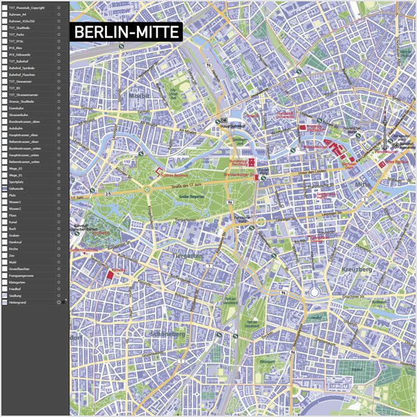 Berlin-Mitte Vektorkarte mit Gebäuden, Vektorkarte Berlin-Mitte, Karte Vektor Berlin-Mitte, Karte Berlin Innenstadt, Karte Berlin Zentrum