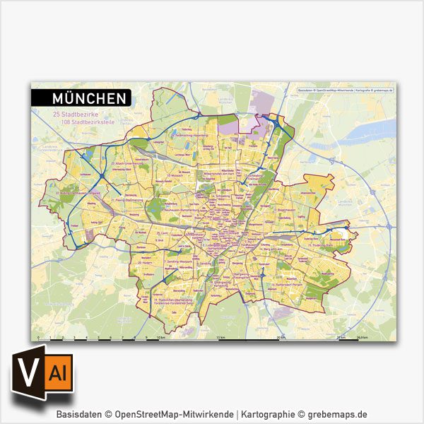 München Stadtplan Vektor Stadtbezirke Stadtteile Topographie, Karte München, Stadtplan München, Stadtkarte München, Karte München Stadtteile, Karte München Stadtbezirke