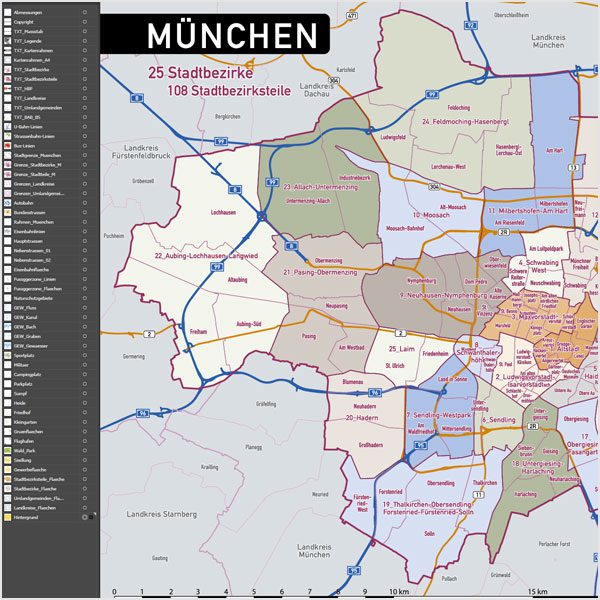 München Stadtplan Vektor Stadtbezirke Stadtteile Topographie, Karte München, Stadtplan München, Stadtkarte München, Karte München Stadtteile, Karte München Stadtbezirke