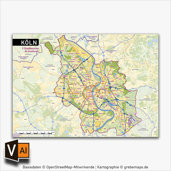 Köln Stadtbezirke Stadtteile Topographie Vektorkarte, Vektorkarte Köln Stadtteile, Karte Köln Stadtteile, Karte Köln Stadtbezirke, Basiskarte Köln, Karte Vektor Köln