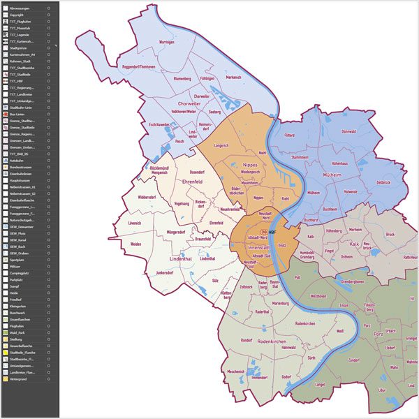 Köln Stadtplan Vektor Stadtbezirke Stadtteile Topographie, Vektorkarte Köln Stadtteile, Karte Köln Stadtteile, Karte Köln Stadtbezirke, Basiskarte Köln, Karte Vektor Köln