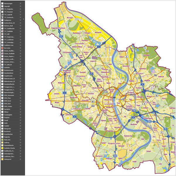 Köln Stadtplan Vektor Stadtbezirke Stadtteile Topographie, Vektorkarte Köln Stadtteile, Karte Köln Stadtteile, Karte Köln Stadtbezirke, Basiskarte Köln, Karte Vektor Köln