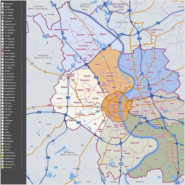 Köln Stadtplan Vektor Stadtbezirke Stadtteile Topographie, Vektorkarte Köln Stadtteile, Karte Köln Stadtteile, Karte Köln Stadtbezirke, Basiskarte Köln, Karte Vektor Köln