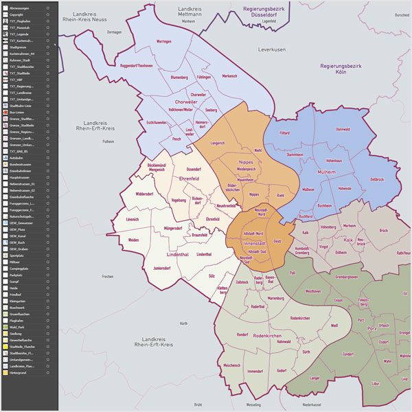 Köln Stadtplan Vektor Stadtbezirke Stadtteile Topographie, Vektorkarte Köln Stadtteile, Karte Köln Stadtteile, Karte Köln Stadtbezirke, Basiskarte Köln, Karte Vektor Köln