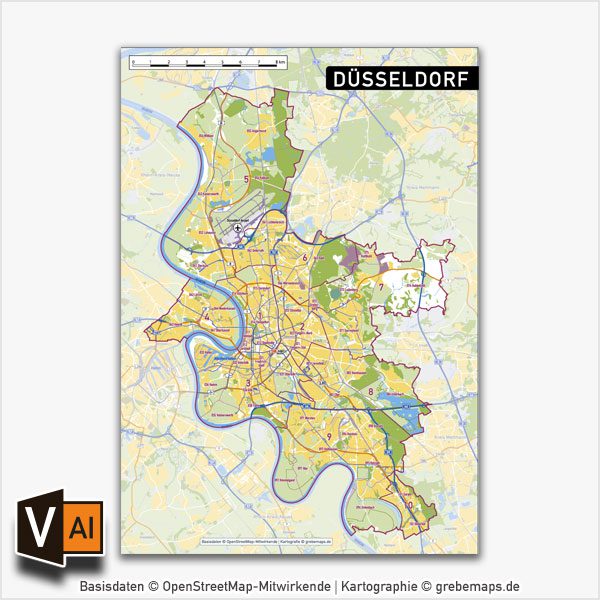 Düsseldorf Stadtplan Vektorkarte Stadtbezirke Stadtteile Topographie, Karte Düsseldorf Vektor Vektorkarte Düsseldorf AI, Stadtplan Düsseldorf Vektordaten, Karte Düsseldorf Stadtteile, Karte Düsseldorf Stadtbezirke