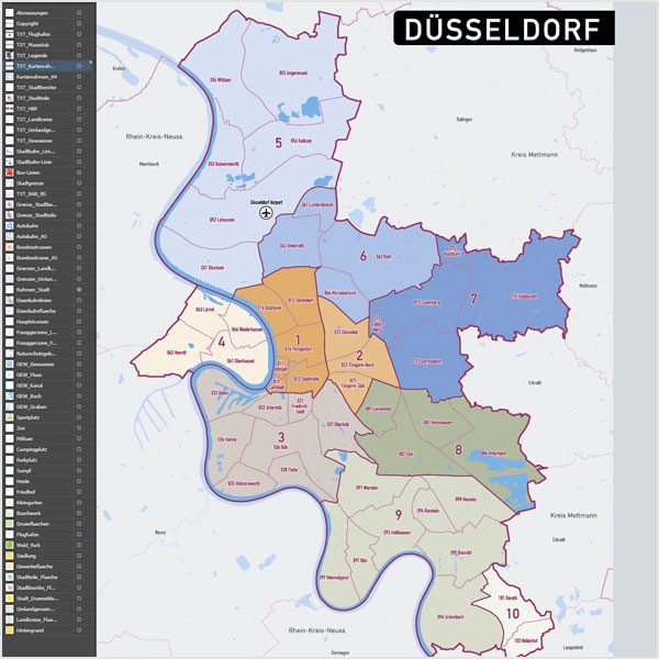 Düsseldorf Stadtplan Vektor Stadtbezirke Stadtteile Topographie, Karte Düsseldorf Vektor Vektorkarte Düsseldorf AI, Stadtplan Düsseldorf Vektordaten