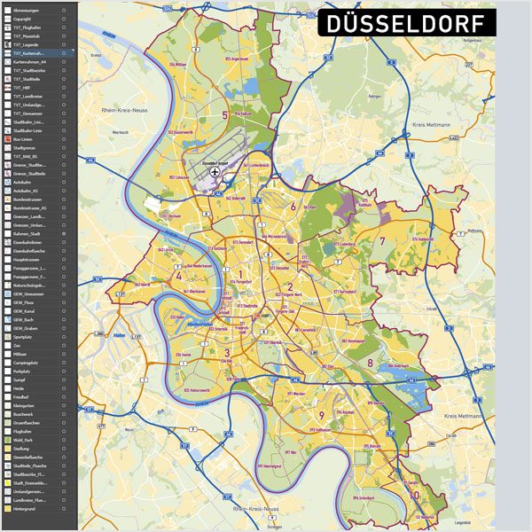 Düsseldorf Stadtplan Vektor Stadtbezirke Stadtteile Topographie, Karte Düsseldorf Vektor Vektorkarte Düsseldorf AI, Stadtplan Düsseldorf Vektordaten
